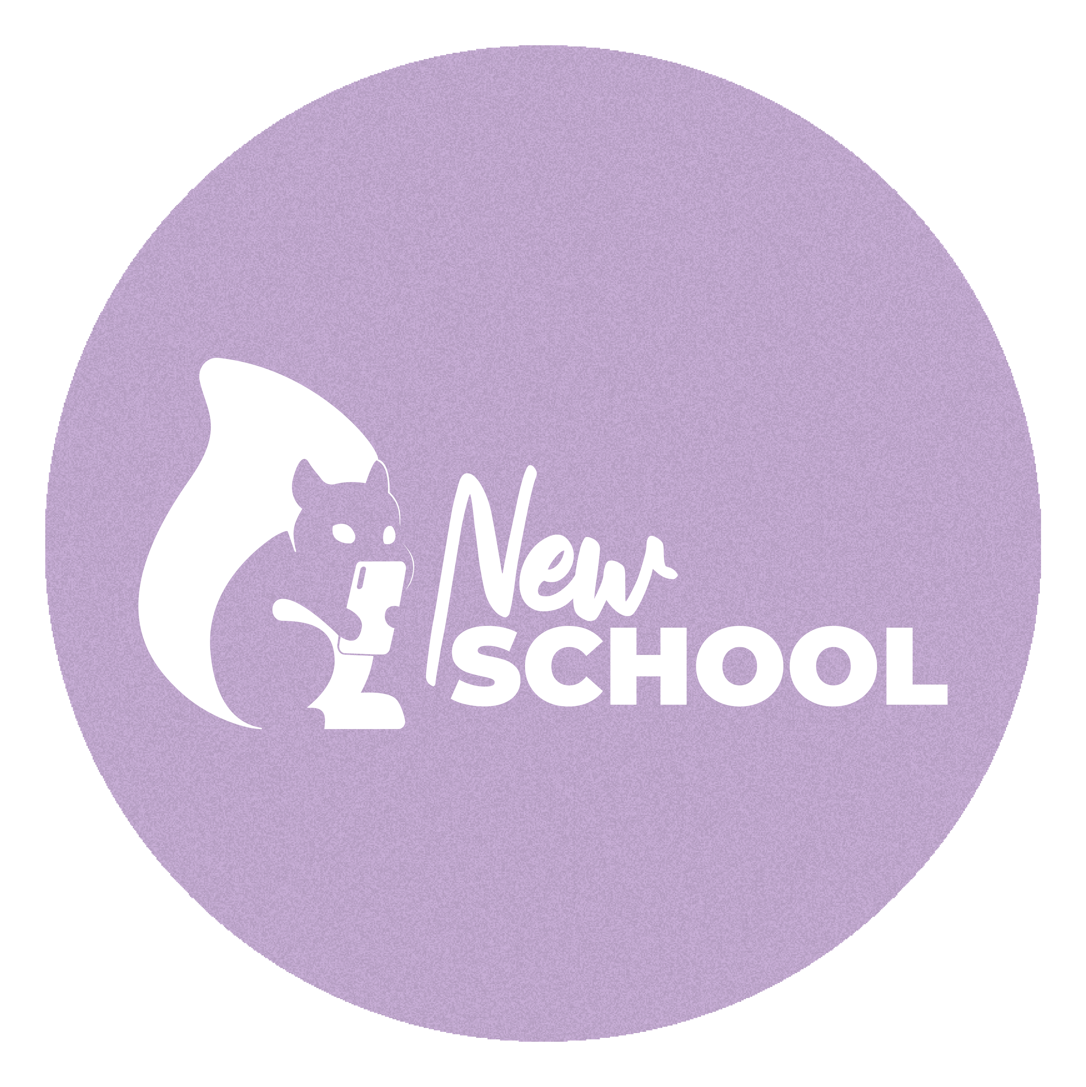 Logotipo da New School, apresentando o esquilo mascote segurando um smartphone ao lado do nome "New School"